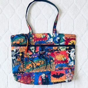Vintage Hand Sewn Retro Halloween Large Tote Bag Bats Vampire Witches Skeleton